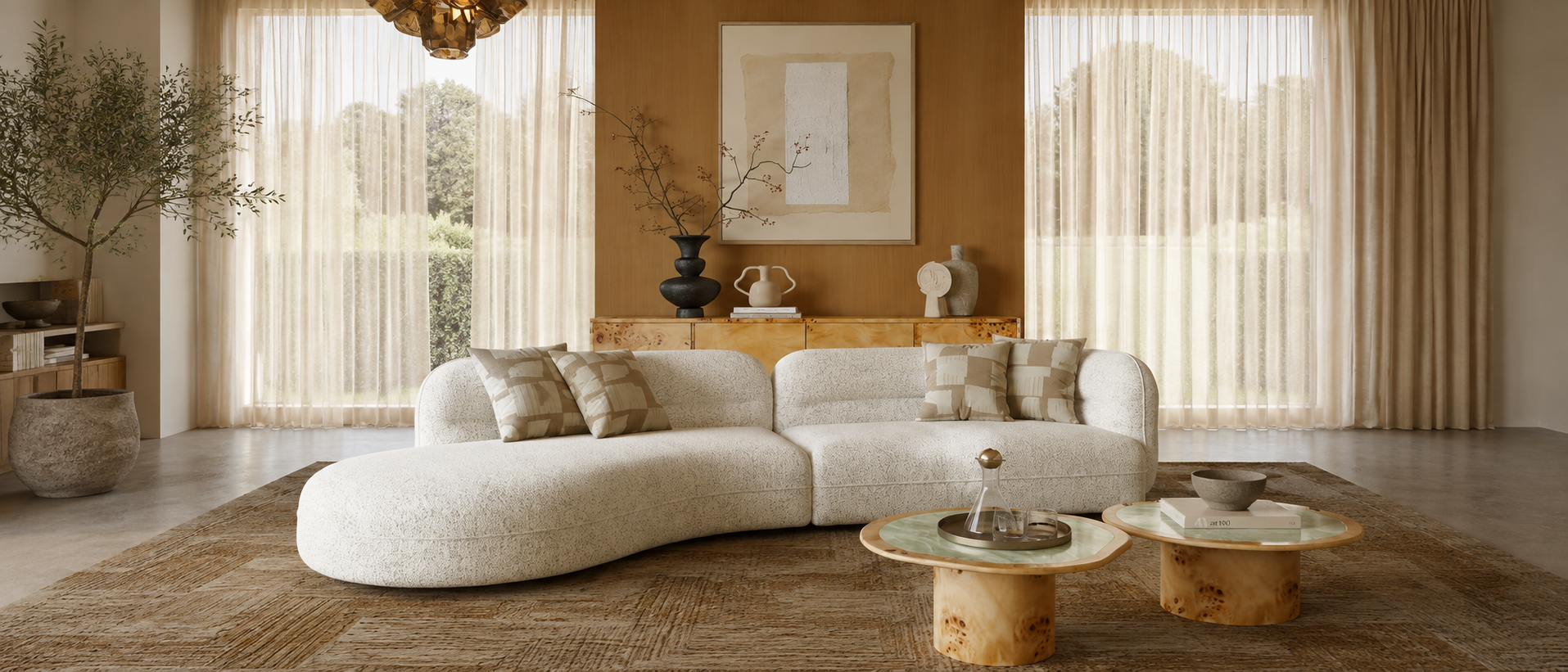 Soft textiles layered throughout a calm and comfortable interior
